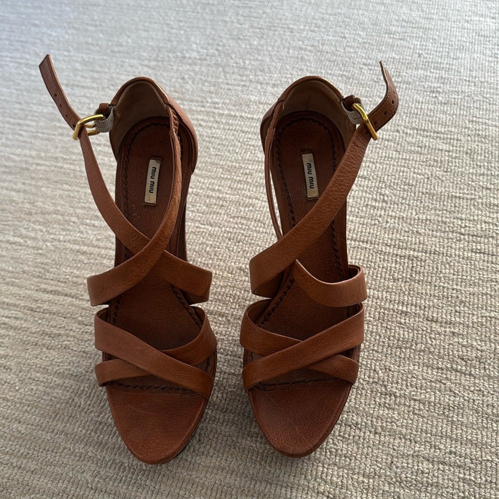 Miu Miu Tan Leather Crisscross Ankle Strap Sandals